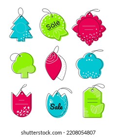 Price tag and sale - line design style illustration set. High quality colorful images of identification mark for clothes or gifts. Markdown of goods, paste your text, stores and shopping idea