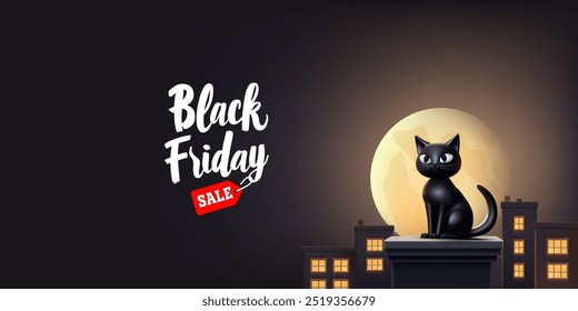 Price tag, sales until Black Friday. Night city, moonlight, a cat sitting on the roof. Web banner for advertising promotion, and product sales. Vector