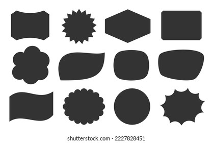 Price tag shapes black solid set. Outline cartoon abstract blank template for comic speech bubble pop art message balloon, text note badge, paper memory sticker, cartoon think cloud frame, web banner