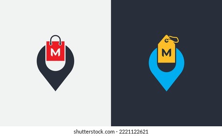 Price Tag and Shopping Bag with Pin Location Logo Set Concept icon sign symbol Element Design initial Letter M. Discount, Offer, Shop Logotype. Vector illustration template