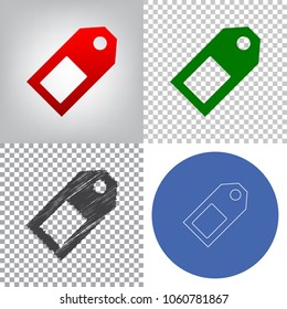 Price tag sign. Vector. 4 styles. Red gradient in radial lighted background, green flat and gray scribble icons on transparent and linear one in blue circle.