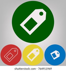Price tag sign. Vector. 4 white styles of icon at 4 colored circles on light gray background.