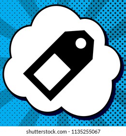 Price tag sign. Vector. Black icon in bubble on blue pop-art background with rays.