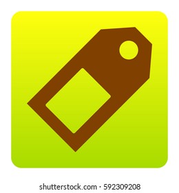 Price tag sign. Vector. Brown icon at green-yellow gradient square with rounded corners on white background. Isolated.