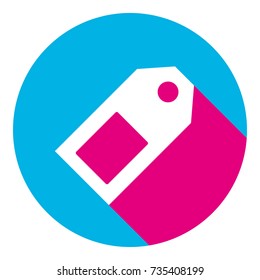 Price tag sign. Vector. Flat white icon with mexican pink shadow inside sky blue(S and G) circle at white background. Isolated. Trend colors in 2017.