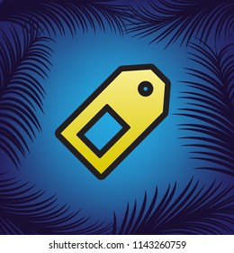 Price tag sign. Vector. Golden icon with black contour at blue background with branches of palm trees.