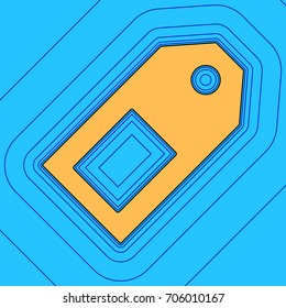 Price tag sign. Vector. Sand color icon with black contour and equidistant blue contours like field at sky blue background. Like waves on map - island in ocean or sea.