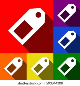 Price tag sign. Vector. Set of icons with flat shadows at red, orange, yellow, green, blue and violet background.