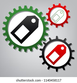 Price tag sign. Vector. Three connected gears with icons at grayish background.