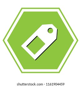 Price tag sign. Vector. White icon with black shadow at yellow green honeycomb on white background.