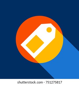 Price tag sign. Vector. White icon on tangelo circle with infinite shadow of light at cool black background. Selective yellow and bright navy blue are produced.