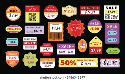 Pegatinas de etiquetas de Precio. Etiquetas especiales de Precio, ofertas promocionales y descuentos. Insignias de Precio de la tienda de Antiguas, etiqueta engomada gratis y hoy solo juego de Vector de Precio. Plantilla de etiquetas de papel aisladas de descuento de venta.