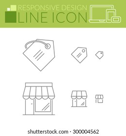 Price tag and store. Thin line icons. Responsive design for all devices.