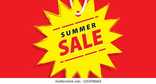 Price tag summer promotion website horizontal banner heading design on price tag yellow sun shape vector for banner or poster. Sale and Discounts Concept.
