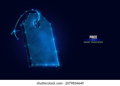 Price tag symbol digital wireframe made of connected dots. Holiday sale sign low poly vector illustration on blue background.