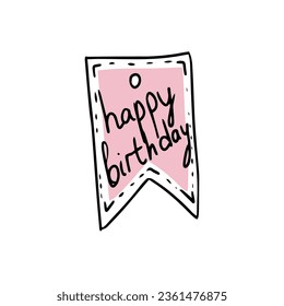 Price tag with  text on a white background. Happy Birthday banner, label, tag, sticker. Hand drawn doodle illustration. Pink color.