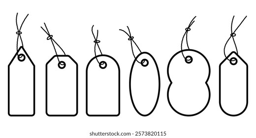 Price tag. Vector icon tag . minimalist line art style. Blank black paper price tags or gift tags of various shapes. Discount tags icon shapes of various shapes with rope for store. Design eps 10