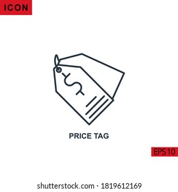 icono del vector de etiqueta de precio en fondo blanco. Icono de línea de ilustración para gráficos, interfaces de medios impresos y diseño web.