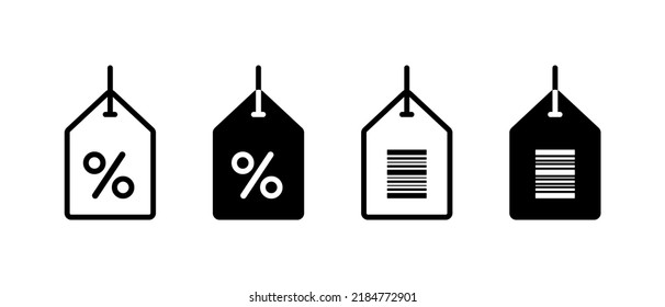 Juego de iconos de vector de etiqueta de precio. Estilo de esquema de etiqueta de código de barras y descuento 