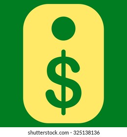 Price Tag vector icon. Style is flat symbol, yellow color, rounded angles, green background.