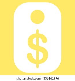 Price Tag vector icon. Style is flat symbol, white color, rounded angles, yellow background.
