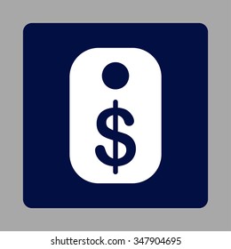Price Tag vector icon. Style is flat rounded square button, white and dark blue colors, silver background.