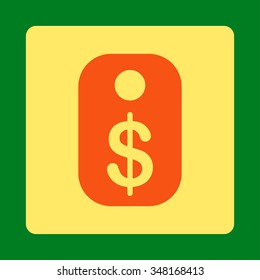 Price Tag vector icon. Style is flat rounded square button, orange and yellow colors, green background.