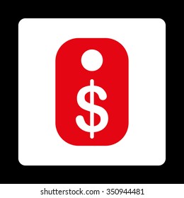 Price Tag vector icon. Style is flat rounded square button, red and white colors, black background.