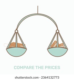 Price tags in balance comparing the price  to save shopping budget. Hand drawn flat cartoon character vector illustration.