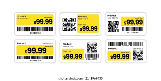 Etiquetas de precio con código de barras y código qr, plantilla de etiquetas para tienda minorista, ilustración vectorial