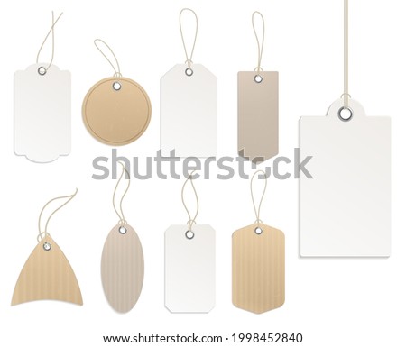 Price tags blank. Template white and beige paper tag collection, blank labels different forms, gift and presents card, decorative sticker with rope, empty cardboard badge vector realistic set