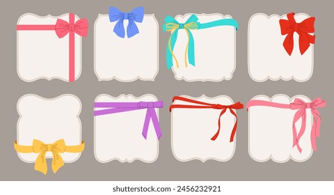 Price tags with bow gift ribbon set. Blank cardboard shopping labels with colorful ribbon tapes. Vintage label tags different shapes for gift Birthday, holiday Christmas package decoration. Vector