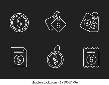 Price tags chalk white icons set on black background. Label for purchased merchandise. E commerce and distribution of products. Boutique shop receipt. Isolated vector chalkboard illustrations