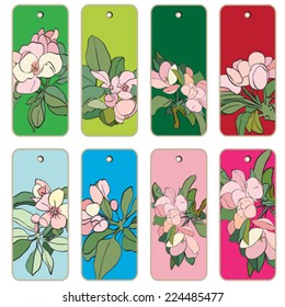 Price tags collection with apple tree flowers, hand drawn cartoon illustrations over colored backgrounds, series isolated on white