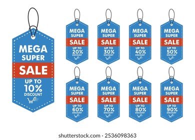 Precio tags colección. Etiqueta de descuento de compras de Mega Super Sale, conjunto de Vector de icono de etiqueta de descuento por ciento