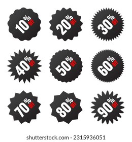 Price tags collection, special offer or shopping discount label with percent, discount percentage value. Black turned retail paper sticker. Promotional sale badge. Vector illustration