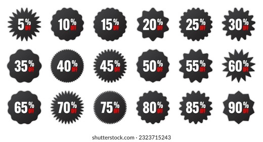 Price tags collection, special offer or shopping discount label with percent, discount percentage value. Black retail paper sticker. Promotional sale badge. Vector illustration