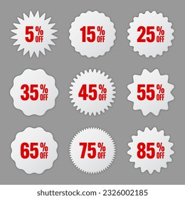 Price tags collection, special offer or shopping discount label with percent, discount percentage value. White retail paper sticker. Promotional sale badge. Vector illustration
