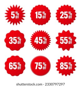 Price tags collection, special offer or shopping discount label with percent, discount percentage value. Red retail paper sticker. Promotional sale badge. Vector illustration