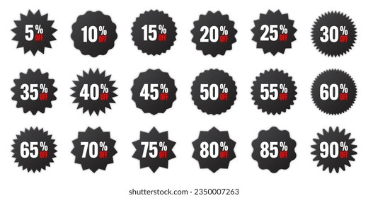 Price tags collection, special offer or shopping discount label with percent, discount percentage value. Black retail paper sticker. Promotional sale badge. Vector illustration