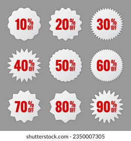 Price tags collection, special offer or shopping discount label with percent, discount percentage value. White retail paper sticker. Promotional sale badge. Vector illustration