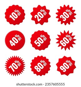 Price tags collection, special offer or shopping discount label with percent, discount percentage value. Red turned retail paper sticker. Promotional sale badge. Vector illustration