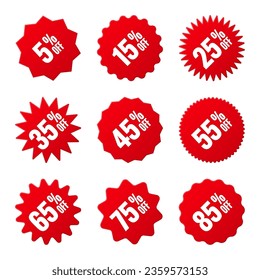 Price tags collection, special offer or shopping discount label with percent, discount percentage value. Red turned retail paper sticker. Promotional sale badge. Vector illustration