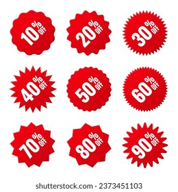 Price tags collection, special offer or shopping discount label with percent, discount percentage value. Red turned retail paper sticker. Promotional sale badge. Vector illustration