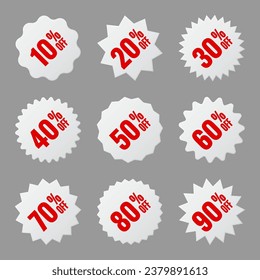 Price tags collection, special offer or shopping discount label with percent, discount percentage value. White turned retail paper sticker. Promotional sale badge. Vector illustration