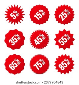 Price tags collection, special offer or shopping discount label with percent, discount percentage value. Red turned retail paper sticker. Promotional sale badge. Vector illustration
