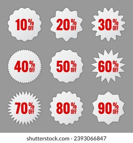 Price tags collection, special offer or shopping discount label with percent, discount percentage value. White retail paper sticker. Promotional sale badge. Vector illustration