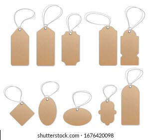 Price tags, empty labels, sale tags and labels. Empty style stickers. Brown paper and brown kraft realistic material.  Realistic mocap, detailed thread, cardboard texture.