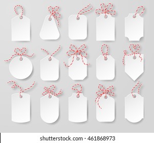 Price tags and gift cards tied up with twine bows set. Label paper, sale design,  vector EPS 10 illustration.