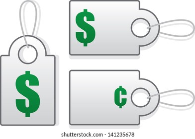 Price tags with green dollar and cent symbols 